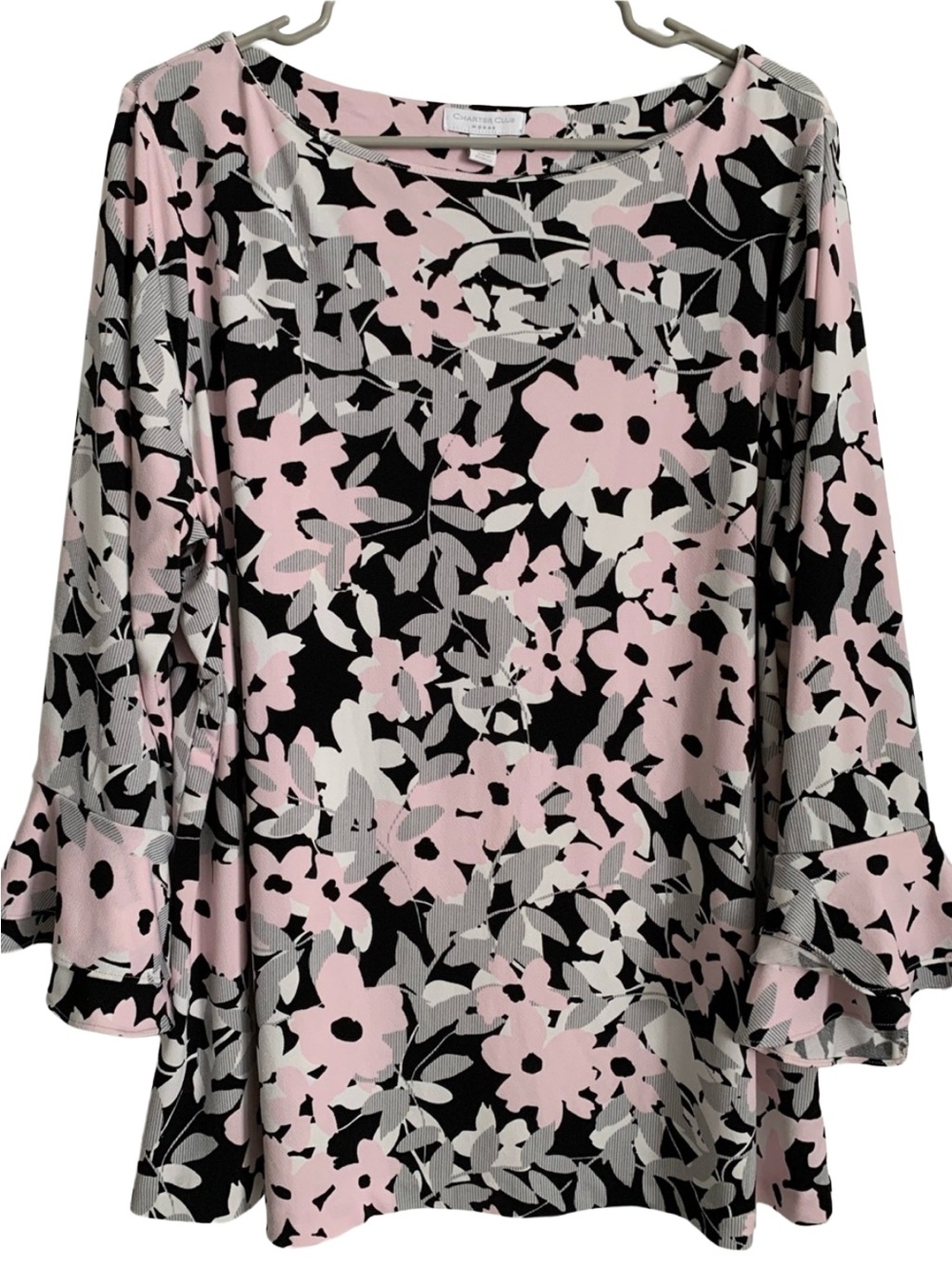 CHARTER CLUB Women's Black Pink Gray White Floral Print Rounded Neck Blouse